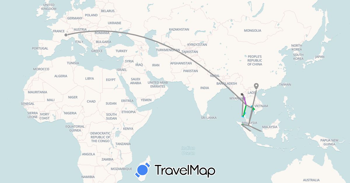 TravelMap itinerary: driving, bus, plane, train, boat, motorbike in France, Indonesia, Cambodia, Malaysia, Thailand, Vietnam (Asia, Europe)